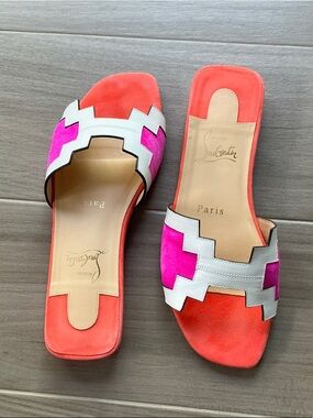 Christian Louboutin Coral & Hot Pink Suede Slide Mules with White Trim